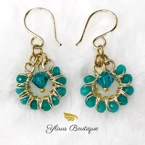 Earrings with non tarnish copper wire wrapping with jade and Swarovski